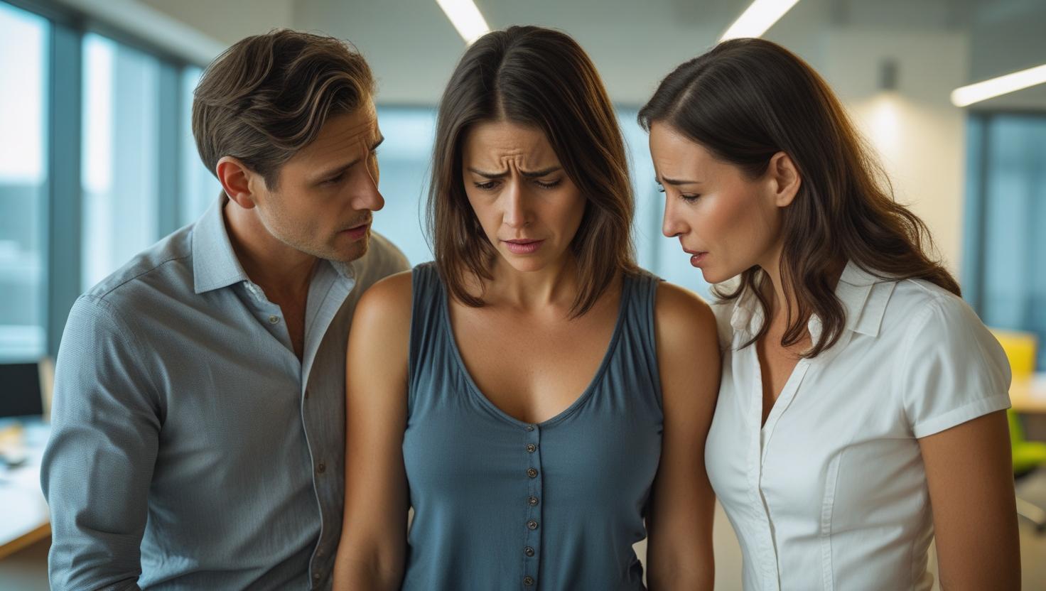gutgemeinte ratschläge-mehr selbstbewusstsein Ein Mann und eine Frau reden auf eine andere Frau ein und geben ihr gute Ratschläge. Sie solle doch einfach nein sagen. Sie muss selbstbewusster sein. Bild für den Kurs. Endlich Nein sagen ohne schlechtes Gewissen.