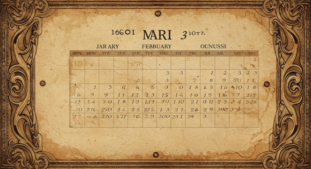 "Historische Darstellung eines antiken Kalenders mit römischen Zahlen und Symbolen - zeigt die lange Tradition der Neujahrsvorsätze, die bis zu den Babyloniern und Römern zurückreicht"